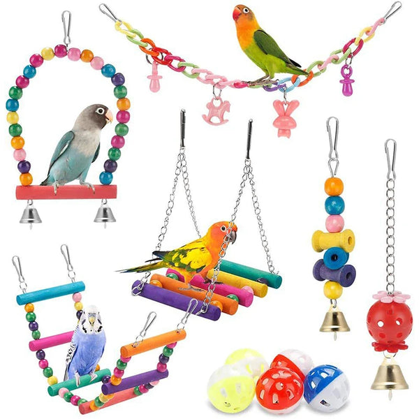 11-Piece Bird Cage Toys Set – Wooden Swing & Chewable Parrot Toys with Beads and Bridge
