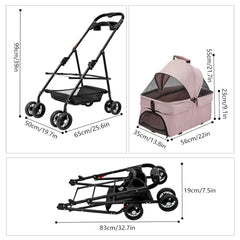 Foldable Pet Travel Stroller with 4 Wheels – Puppy Carrier Cart & Car Seat with Sun Shade for Small/Medium Pets