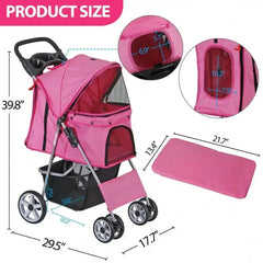 Pink 4-Wheel Foldable Pet Stroller – Cat &amp; Dog Carrier with Basket