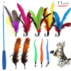 11pcs Cat Feather Toy Replacement Set with Retractable Wand