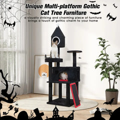 Gothic Cat Tree with Coffin Bed – 64in Black Cat Tower with Scratching Posts &amp; Platforms