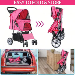 Pink 4-Wheel Foldable Pet Stroller – Cat &amp; Dog Carrier with Basket