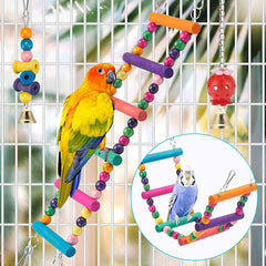 11-Piece Bird Cage Toys Set – Wooden Swing & Chewable Parrot Toys with Beads and Bridge