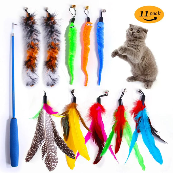 11pcs Cat Feather Toy Replacement Set with Retractable Wand