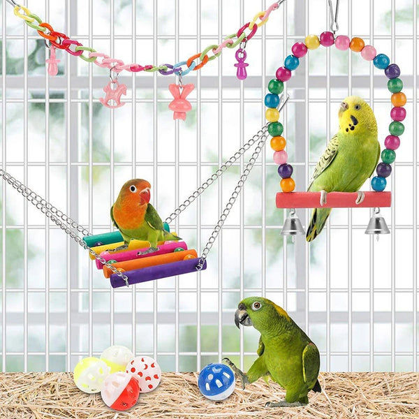 11-Piece Bird Cage Toys Set – Wooden Swing & Chewable Parrot Toys with Beads and Bridge