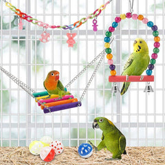 11-Piece Bird Cage Toys Set – Wooden Swing & Chewable Parrot Toys with Beads and Bridge