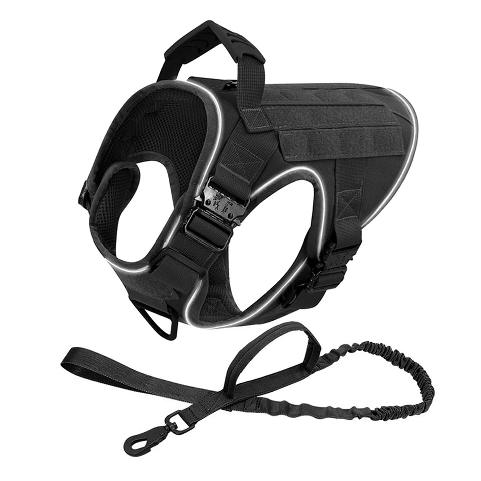 Reflective Dog Harness with 4 Metal Buckles Military Pet Training Vest Harnesses Leash Patches Tactical Large Dogs Accessories
