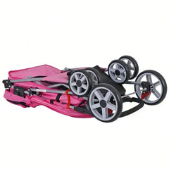 Pink 4-Wheel Foldable Pet Stroller – Cat &amp; Dog Carrier with Basket