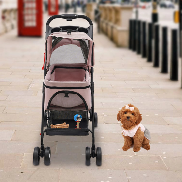 Foldable Pet Travel Stroller with 4 Wheels – Puppy Carrier Cart & Car Seat with Sun Shade for Small/Medium Pets