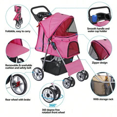 Pink 4-Wheel Foldable Pet Stroller – Cat &amp; Dog Carrier with Basket