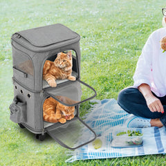 Double-Compartment Cat Carrier with Wheels – Super Ventilated Rolling Pet Carrier for Travel, Hiking & Camping