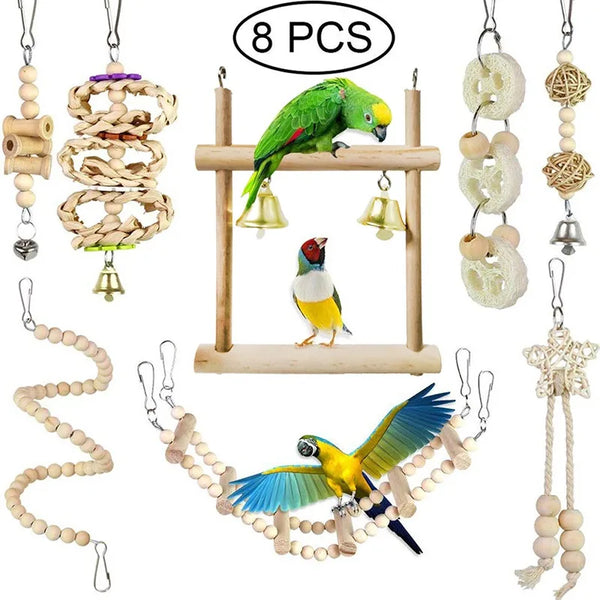 8-Piece Parrot Bird Toy Set – Wooden Chew Toys with Swing, Ball, Bell & Perch