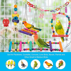 11-Piece Bird Cage Toys Set – Wooden Swing & Chewable Parrot Toys with Beads and Bridge