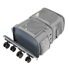 Double-Compartment Cat Carrier with Wheels – Super Ventilated Rolling Pet Carrier for Travel, Hiking & Camping
