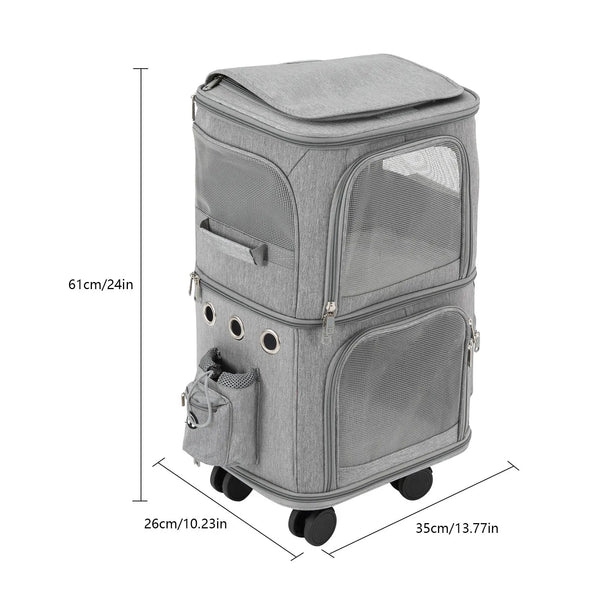 Double-Compartment Cat Carrier with Wheels – Super Ventilated Rolling Pet Carrier for Travel, Hiking & Camping