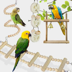 8-Piece Parrot Bird Toy Set – Wooden Chew Toys with Swing, Ball, Bell & Perch