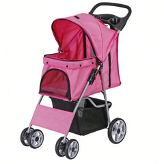 Pink 4-Wheel Foldable Pet Stroller – Cat &amp; Dog Carrier with Basket