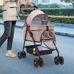 Foldable Pet Travel Stroller with 4 Wheels – Puppy Carrier Cart & Car Seat with Sun Shade for Small/Medium Pets