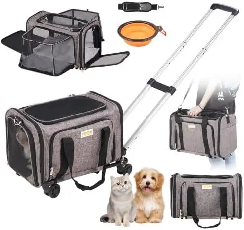 Airline Approved Pet Carrier with Wheels – Rolling Cat & Dog Travel Carrier with Telescopic Handle & Shoulder Strap
