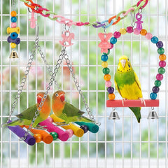 11-Piece Bird Cage Toys Set – Wooden Swing & Chewable Parrot Toys with Beads and Bridge