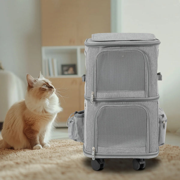 Double-Compartment Cat Carrier with Wheels – Super Ventilated Rolling Pet Carrier for Travel, Hiking & Camping
