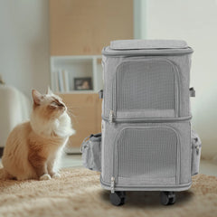 Double-Compartment Cat Carrier with Wheels – Super Ventilated Rolling Pet Carrier for Travel, Hiking & Camping