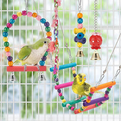 11-Piece Bird Cage Toys Set – Wooden Swing & Chewable Parrot Toys with Beads and Bridge