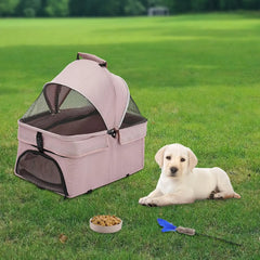 Foldable Pet Travel Stroller with 4 Wheels – Puppy Carrier Cart & Car Seat with Sun Shade for Small/Medium Pets